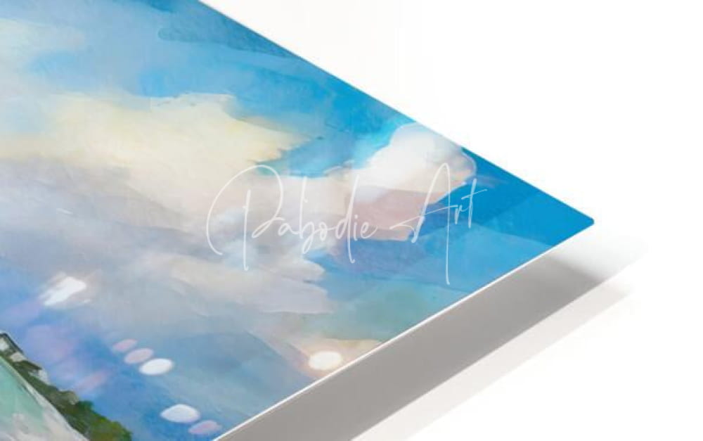 Sisters on the beach acrylic art panel featuring a watercolor sky scene in soft blues and whites on modern sleek material