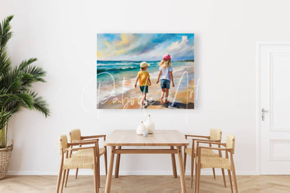 Beige wicker dining chairs with wooden frames surround a light wood table under a vibrant sisters on the beach canvas