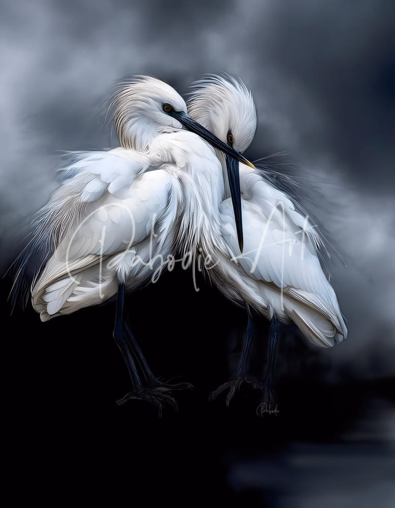 A pair of elegant white egrets with long black beaks and legs intertwined against a dark misty background