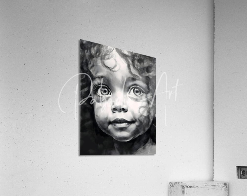 A black-and-white acrylic print titled a smile every day featuring a child with curly hair and expressive eyes mounted on wall