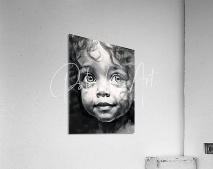 A black-and-white acrylic print titled a smile every day featuring a child with curly hair and expressive eyes mounted on wall