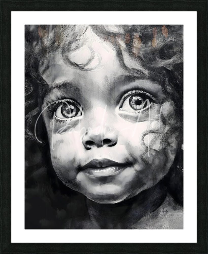 Black and white framed portrait of a young child with curly hair and expressive eyes titled a smile every day