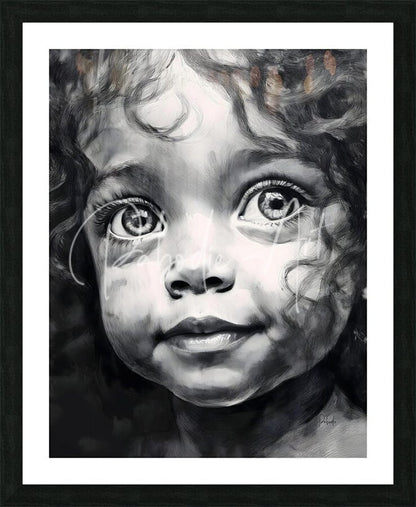 Black and white framed portrait of a young child with curly hair and expressive eyes titled a smile every day