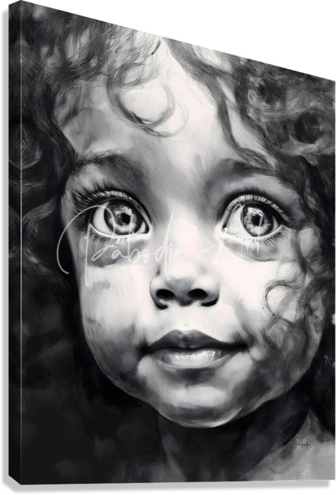Black-and-white canvas print of a child with curly hair and expressive eyes titled a smile every day wall art