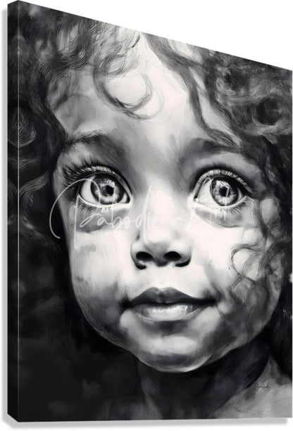 Black-and-white canvas print of a child with curly hair and expressive eyes titled a smile every day wall art