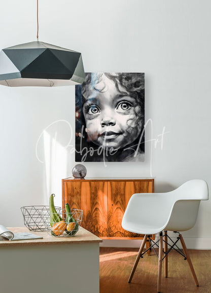 Black-and-white portrait painting of a child with curly hair and large eyes displayed on wall in a smile every day product