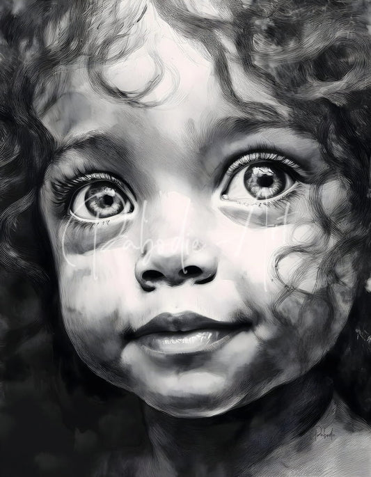 A smile every day black and white sketch of a young child with curly hair and tears on their cheeks