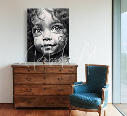 Black and white canvas portrait of a child with curly hair hanging above a wooden dresser titled A Smile Every Day