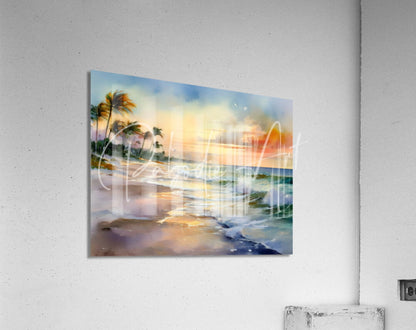 Soothing Ocean Winds acrylic print of watercolor beach scene with palm trees and sunset hues