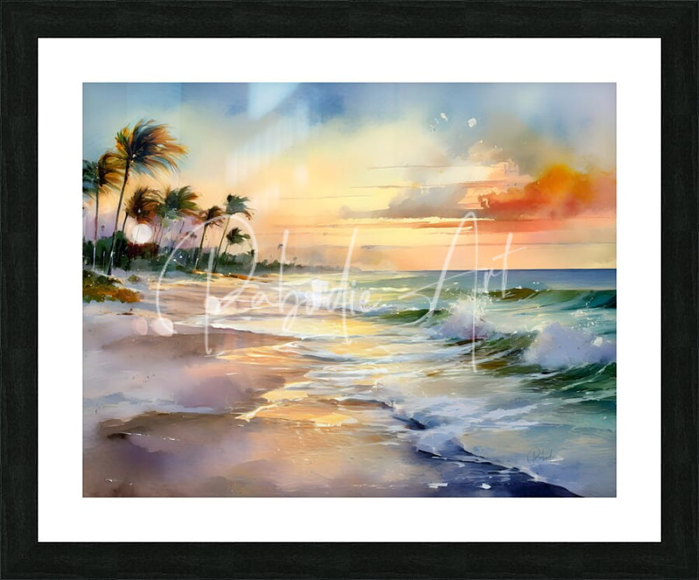 Soothing ocean winds watercolor beach sunset painting in black frame showcasing calming ocean colors and serene decor