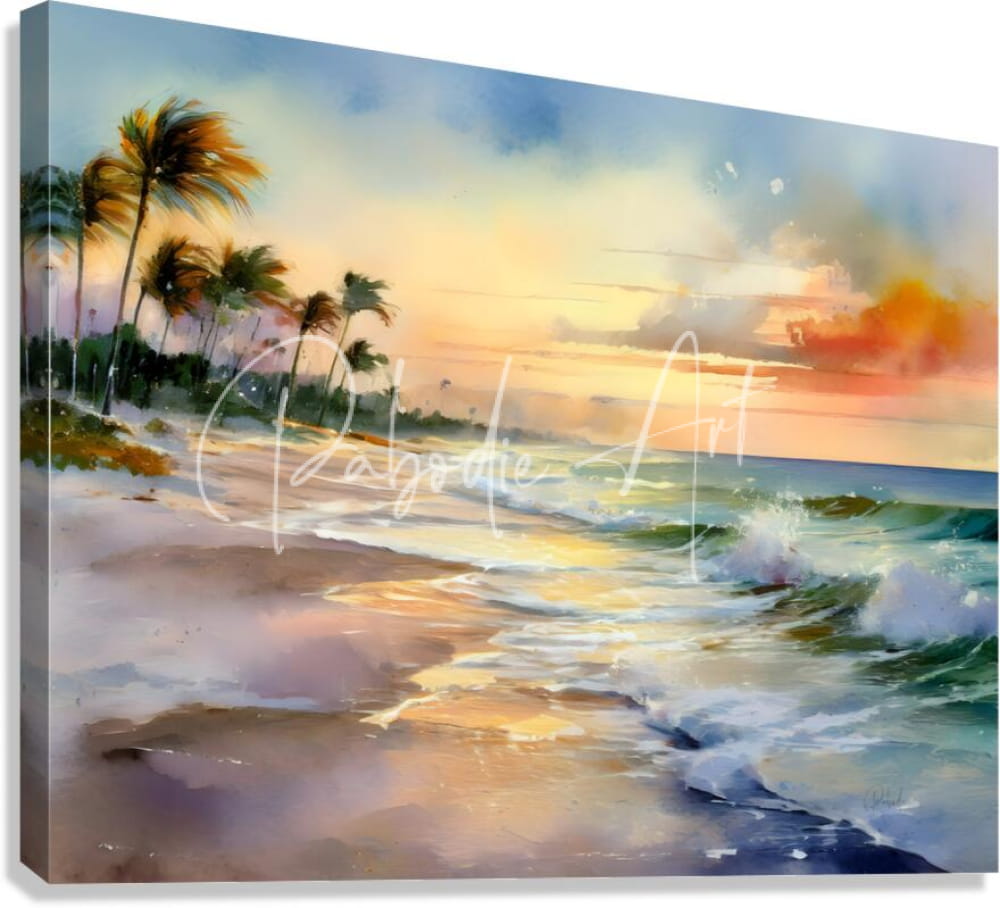 Watercolor canvas painting titled soothing ocean winds featuring beach sunset with palm trees and ocean waves signed by artist