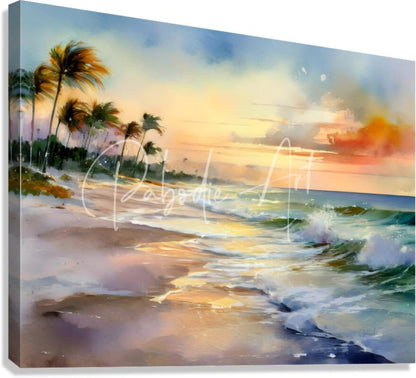 Watercolor canvas painting titled soothing ocean winds featuring beach sunset with palm trees and ocean waves signed by artist