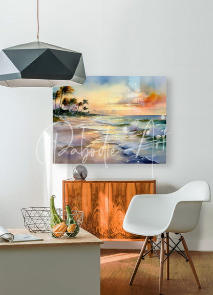 Watercolor beach sunset painting with palm trees and ocean waves on white wall titled soothing ocean winds