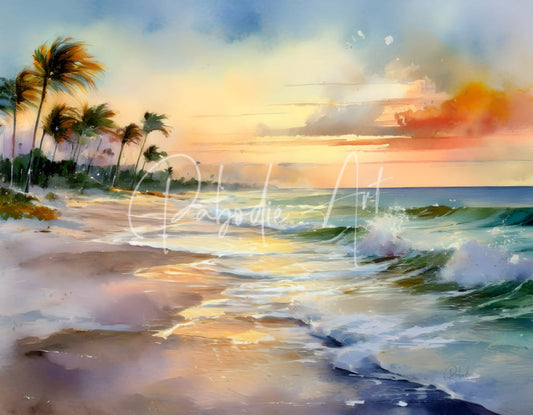 Watercolor painting of tropical beach sunset with palm trees soft orange and blue hues for soothing ocean winds