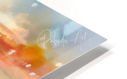 A sleek modern framed art print titled soothing ocean winds with warm orange and cool blue watercolor and palbodie art text