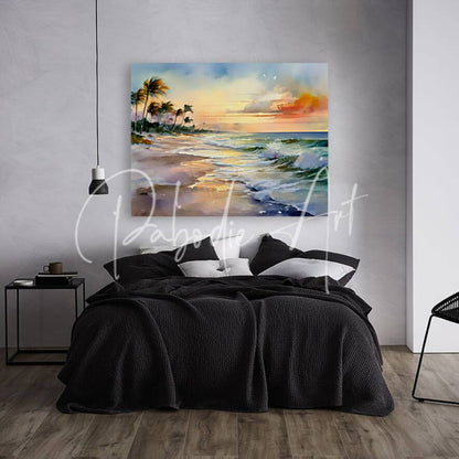 Soothing ocean winds watercolor beach sunset painting with palm trees and ocean waves in soft orange pink blue hues