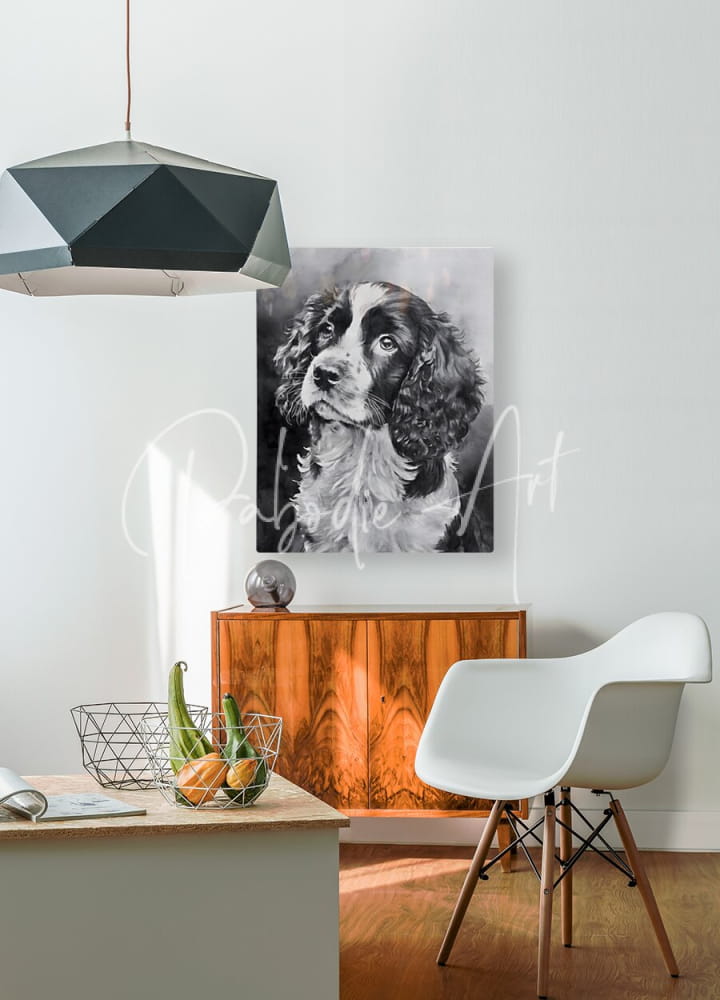 Black-and-white portrait of a springer spaniel puppy hanging on the wall as decorative pet art