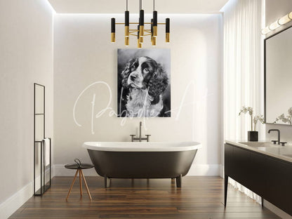 Black and white portrait of springer spaniel puppy dog hanging on wall above freestanding bathtub in bathroom decor