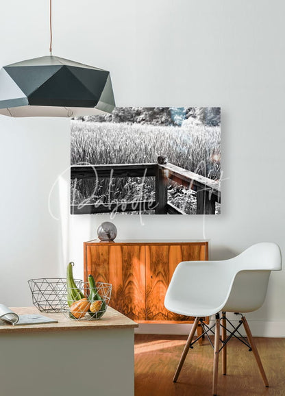 Black and white photographic print of a wooden fence in a field mounted on the wall titled squirrely perspective