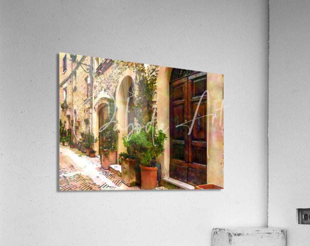 A rectangular acrylic print titled Stone Arched Doors Along The Way with a sunlit european alleyway watercolor design