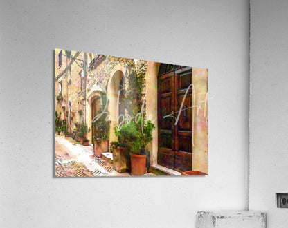 A rectangular acrylic print titled Stone Arched Doors Along The Way with a sunlit european alleyway watercolor design