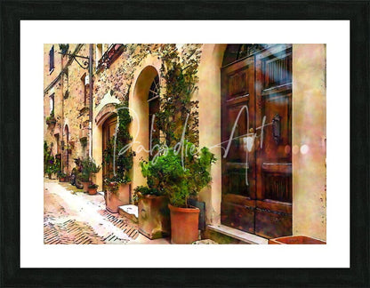 Black-framed art print of stone arched doors along the way showing a sunlit european alley with terracotta pots and wooden doors