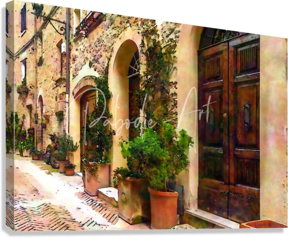 A warm-toned canvas print of stone arched doors in a charming european alleyway with terracotta pots and greenery