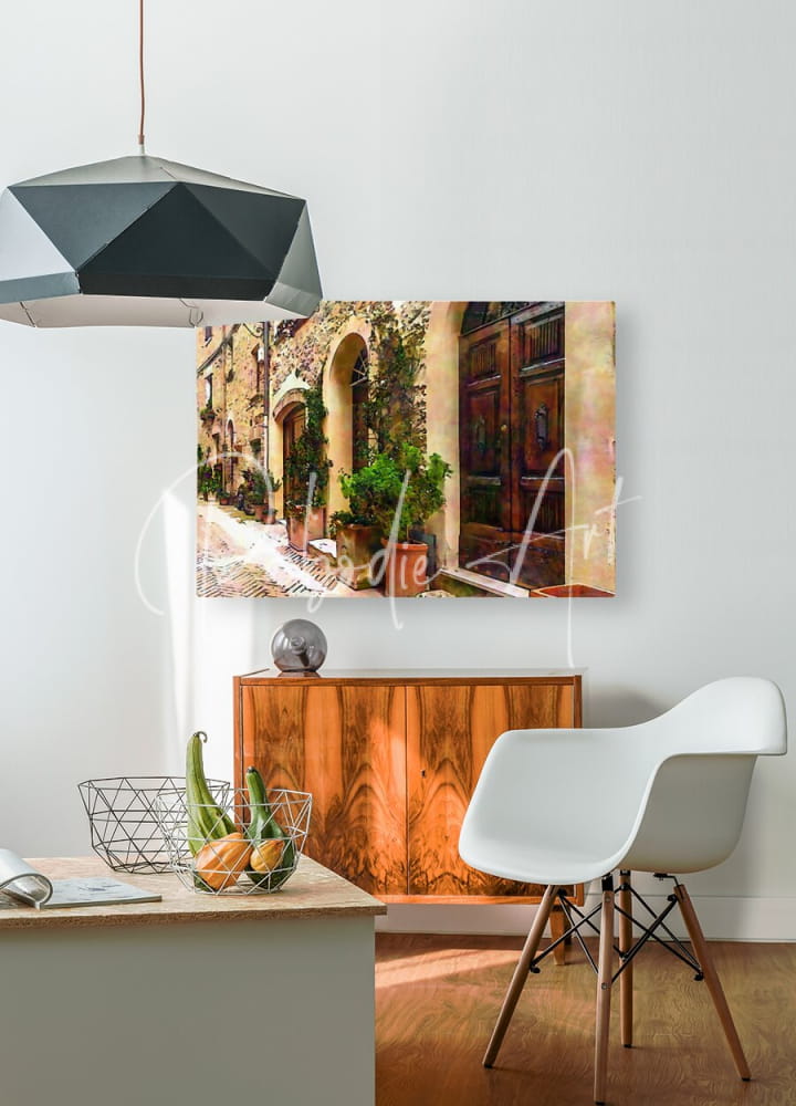 A rectangular canvas print of a sunlit european alleyway with stone arched doors and ivy-covered walls in warm earth tones