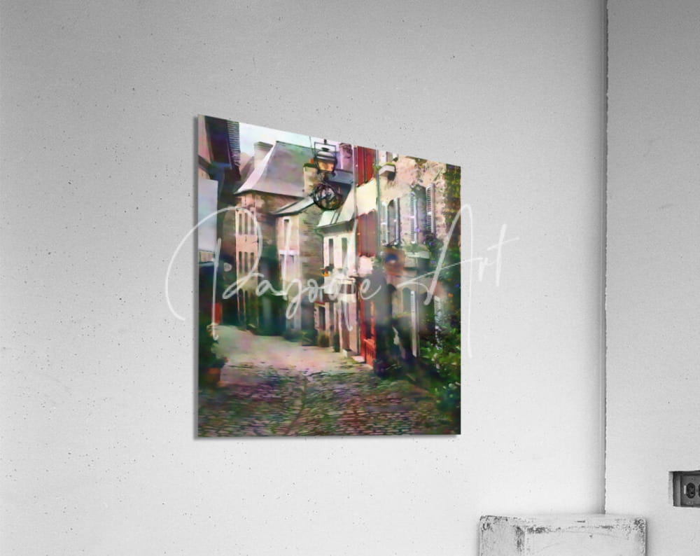 A square acrylic print titled stone shops of character featuring a colorful impressionistic street scene with cobblestones