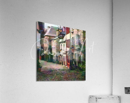 A square acrylic print titled stone shops of character featuring a colorful impressionistic street scene with cobblestones