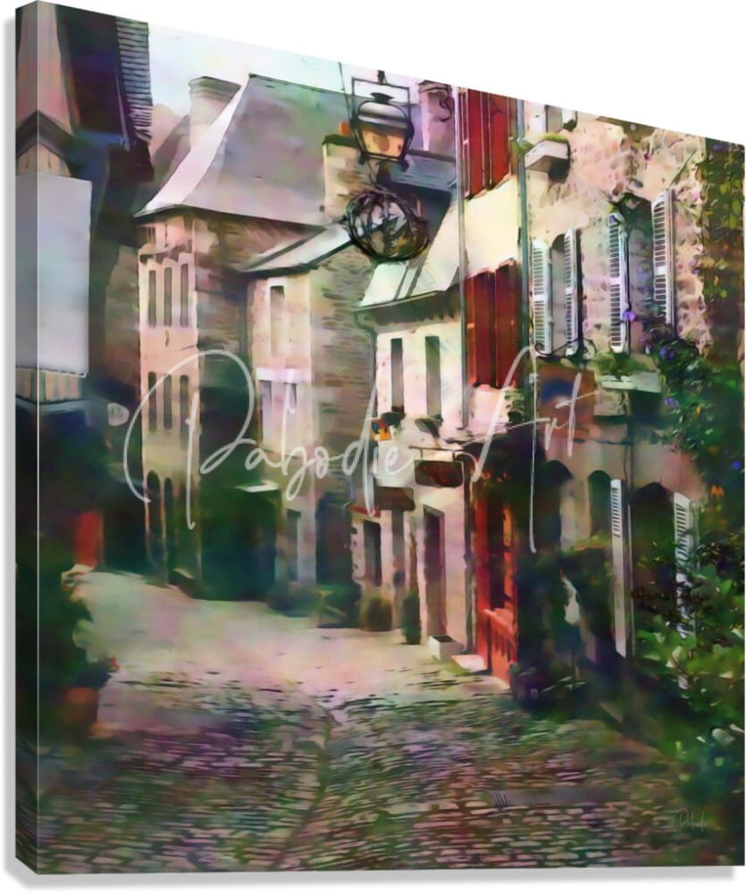 A vibrant impressionistic canvas print titled stone shops of character showing a cobblestone european street with red shutters