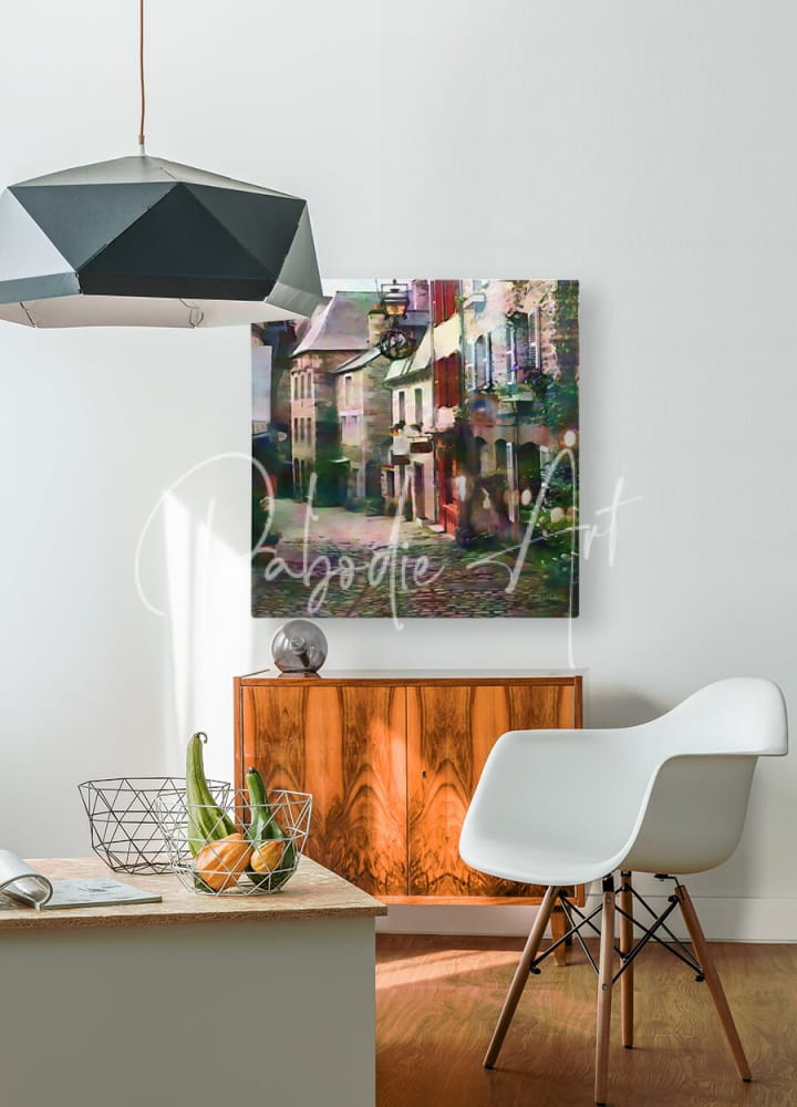 A vibrant impressionistic canvas print of stone shops featuring colorful buildings and cobblestone streets