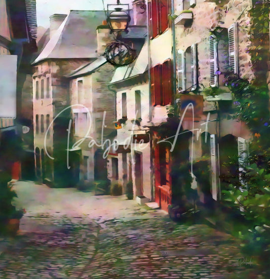 A charming watercolor painting titled Stone Shops of Character featuring a cobblestone street with red shutters and greenery