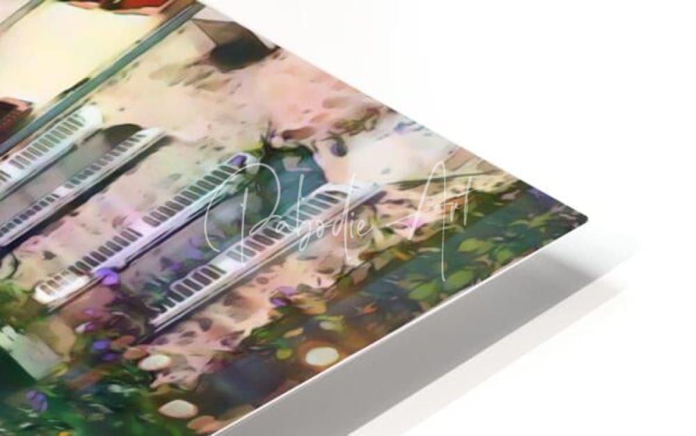 A rectangular art print titled Stone Shops of Character featuring white pianos with green foliage in a white frame