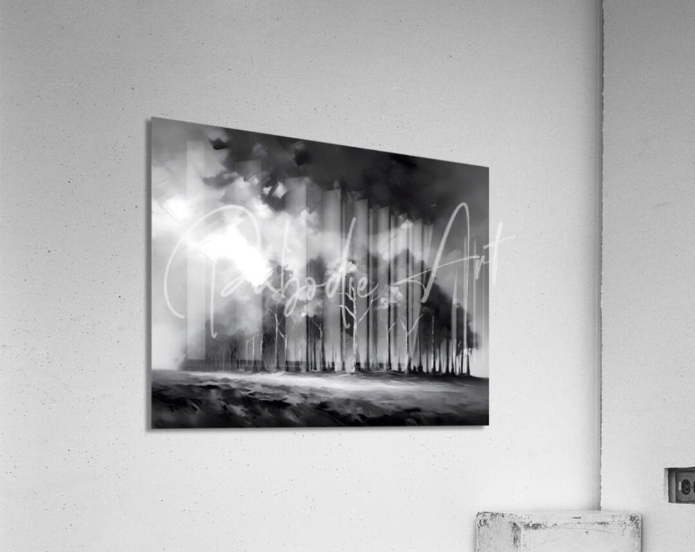 Black-and-white abstract acrylic print the stormy woods with vertical brushstrokes and smoky textures mounted on wall