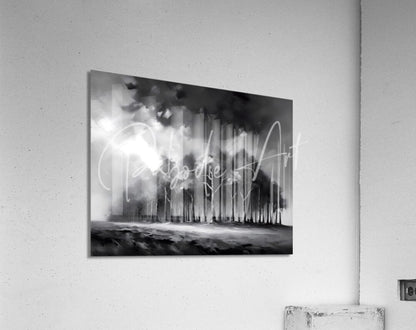 Black-and-white abstract acrylic print the stormy woods with vertical brushstrokes and smoky textures mounted on wall