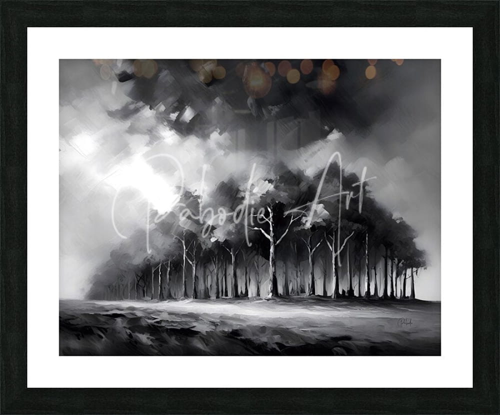 Black-framed monochromatic artwork titled the stormy woods featuring stylized forest scene with atmospheric lighting