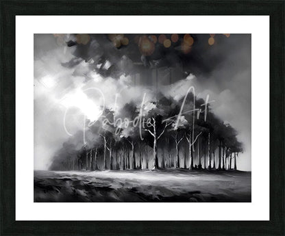 Black-framed monochromatic artwork titled the stormy woods featuring stylized forest scene with atmospheric lighting