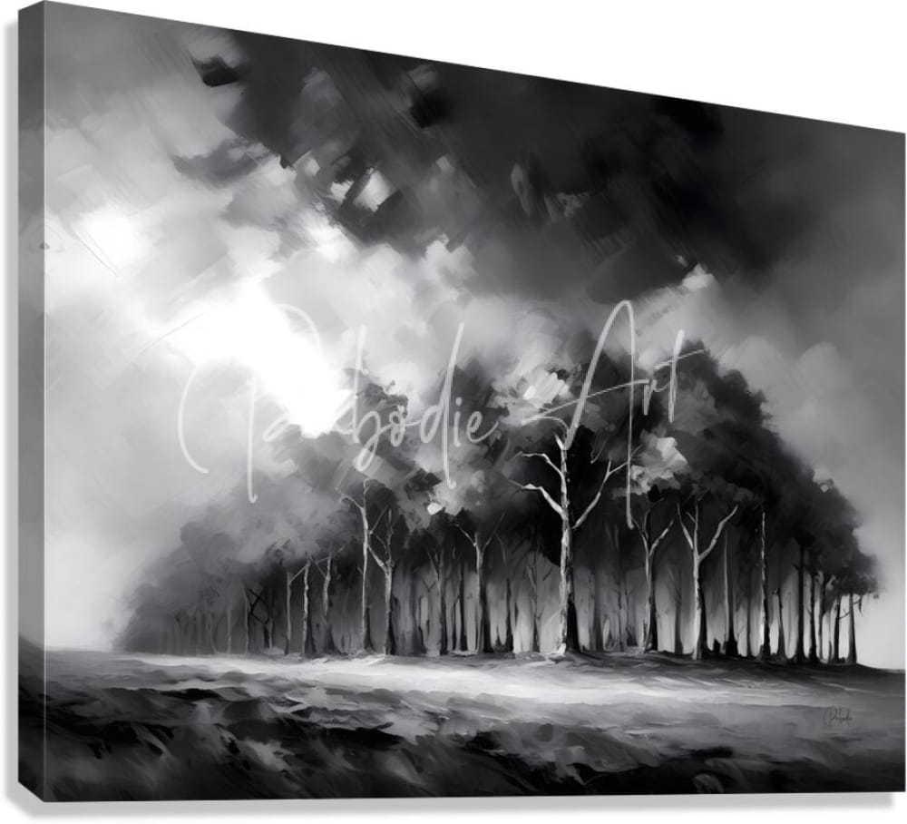 Black-and-white canvas painting titled the stormy woods depicting a forest scene with bare trees and dramatic cloudy skies