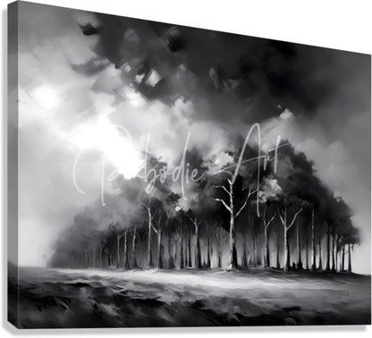 Black-and-white canvas painting titled the stormy woods depicting a forest scene with bare trees and dramatic cloudy skies