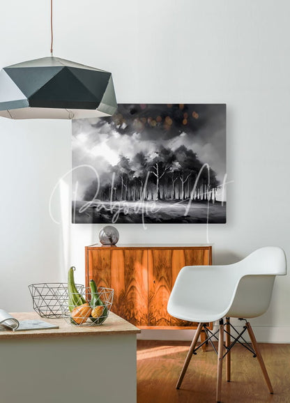 Black and white abstract forest landscape painting titled the Stormy Woods featured with modern geometric pendant light