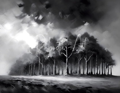 The stormy woods monochrome painting features stark black and white trees under a dramatic cloudy sky