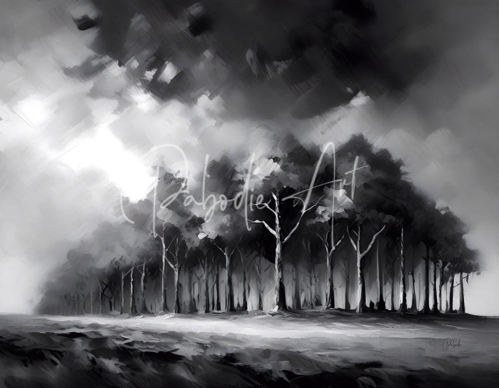 The stormy woods monochrome painting of black and white trees under a dramatic cloudy sky for wall decor