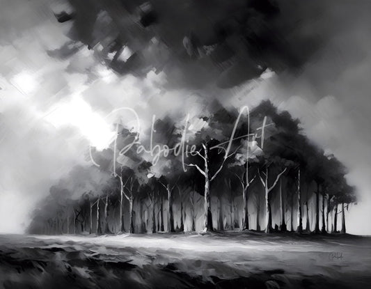 The stormy woods monochrome painting of black and white trees under a dramatic cloudy sky for wall decor