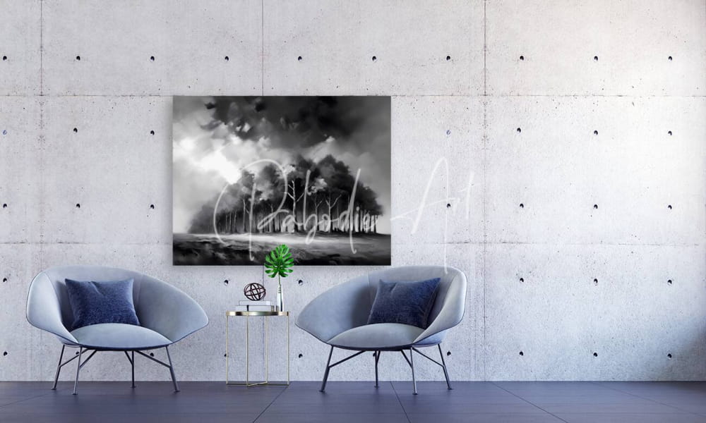 The stormy woods black and white abstract landscape painting with textured brushstrokes on concrete wall
