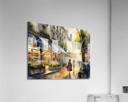 Watercolor painting of a parisian street scene on a colorful acrylic print titled street shops in Paris