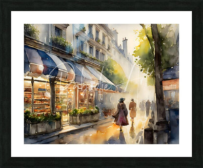 Watercolor painting of a parisian street scene in a black frame titled street shops in paris displayed on a wall