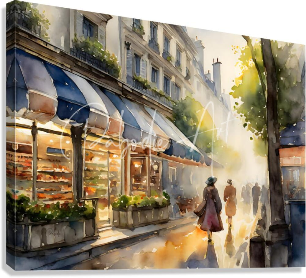 Watercolor painting of a parisian street scene with blue and white striped awnings and warm golden lighting