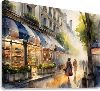 Watercolor painting of a parisian street scene with blue and white striped awnings and warm golden lighting