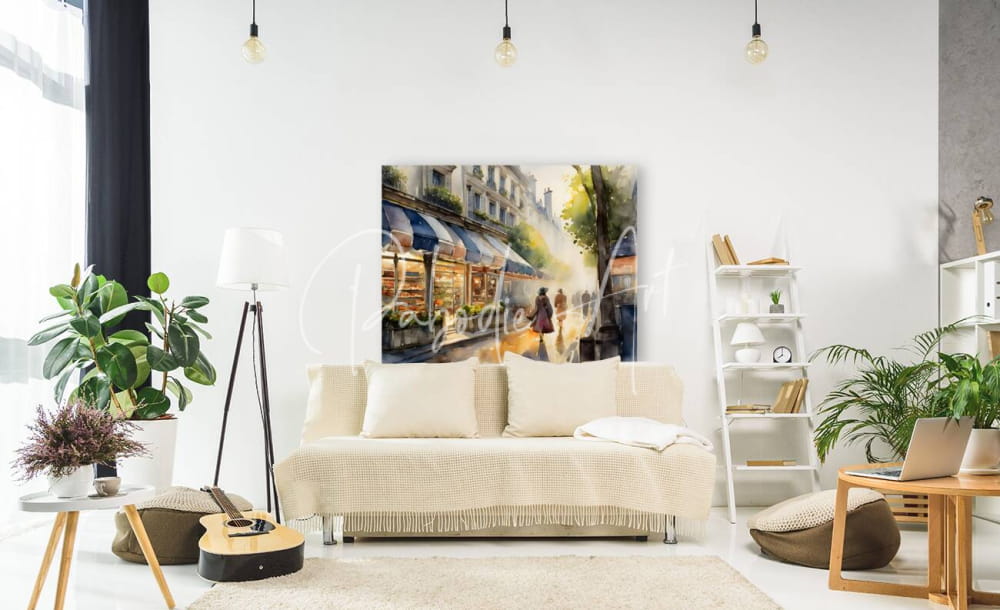 Beige textured throw blanket with fringe detailing draped over a sofa in a street shops in paris setting